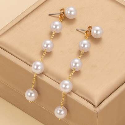 1pair Of Elegant Pearl Chain Drop Earrings For Women, Faux Pearl Linear Earrings, Pearl Tassel Dangle Earrings, Earrings Designed For Two Ways To Wear, Pearl Stud Earrings, Front And Back Style Earrings, Pearl Ear Jacket, Bridal Wedding Pearl Earrings