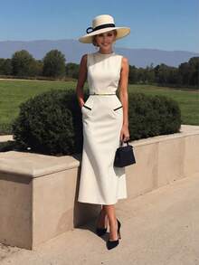Elegant Casual Sleeveless Round Neck Fitted Dress, Suitable For Daily Wear, Dates, White Dress, Summer Dresses, Holiday Dresses For Women - White - View 1