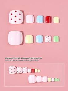 24pcs Y2K Style Medium Square Rainbow Polka Dot Pattern False Nails (Toenails), Charming Feminine Style, Full Coverage Acrylic Material Fake Nails, Comes With 1 Bottle Glue And 1 Nail File, Suitable For Women And Girls Daily Work, Study And Party, Spring/Summer Manicure - Multicolor - View 3