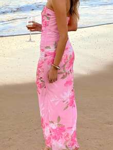 ALA Women's New Summer Bohemian Style Elegant Floral Print Tube Bandeau Slim Fit Dress, Sexy Y2K Bohemian Vacation Summer Outfit, Suitable For Summer Outings, Dates, Beach Vacations, Parties, Independence Day - Multicolor - View 3