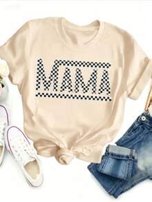 Women's-ShirtPAYEAH 1pcs Cotton Mama Letter Print Crew Neck-Shirt - Soft Mid-Elasticity Polyester Short Sleeve Top Spring & Summer - Relaxed Fit, Casual, Alphabets Pattern, Positioning Printing, Regular Length, Knit Fabric, All Seasons Wear Heavy Cotton ShirtFashionable Women's Clothingshirts,Clothes,White Top,Graphic Tee,Suitable Gym, Workouts, Everyday Casual Wear, And Street Style. Summer Outfits For Women - Màu be - Xem 2