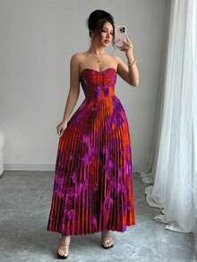 Bandeau Waist-Cinched Pleated Full Print Dress - Màu tím - Xem 7