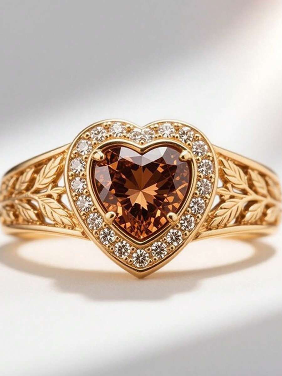 1 chiếc nhẫn hình trái tim dễ thương, đính đá Cubic Zirconia sáng bóng, nhẫn đồng thời trang dành cho nữ. - nhẫn hình trái tim - Xem 1