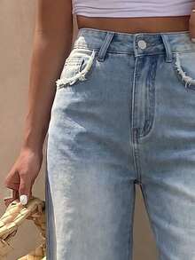Quần jeans nữ cạp cao ống rộng, kiểu dáng vintage với túi và gấu quần rách, thiết kế xếp ly. - Màu xanh lam - Xem 3