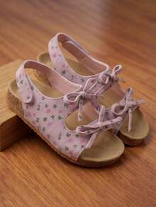 Sandálias de madeira macias com flor para meninas de 3 a 8 anos, Fechadas em camurça rosa/roxa com mini laço, Ajustável, Sapatos de verão planos - Melancia - Visão 7