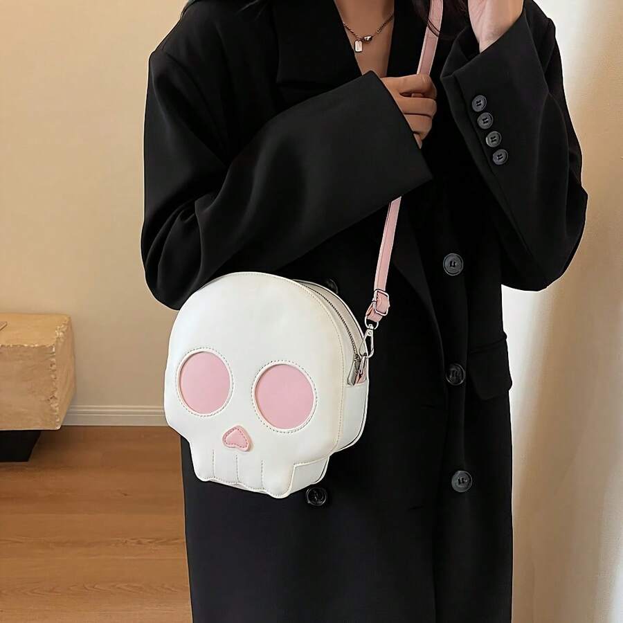 Korean-Style Niche Quirky Ghost Skull Crossbody Shoulder Bag, Soft PU Phone Pouch, Halloween Gothic Dark Crossbody Bag, Hand-Held Small Bag, Coin Purse, Phone Bag - 白色 - 查看 1