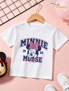 Premium 100% Cotton Disney Minnie Mouse Kids T-Shirt, Retro Varsity Style Print, Casual Daily Wear For Toddler Girls 4-12Y, Perfect Gift For Children's Day & Birthday, Essential Casual Outfit For Girls - 白色 - 查看 2