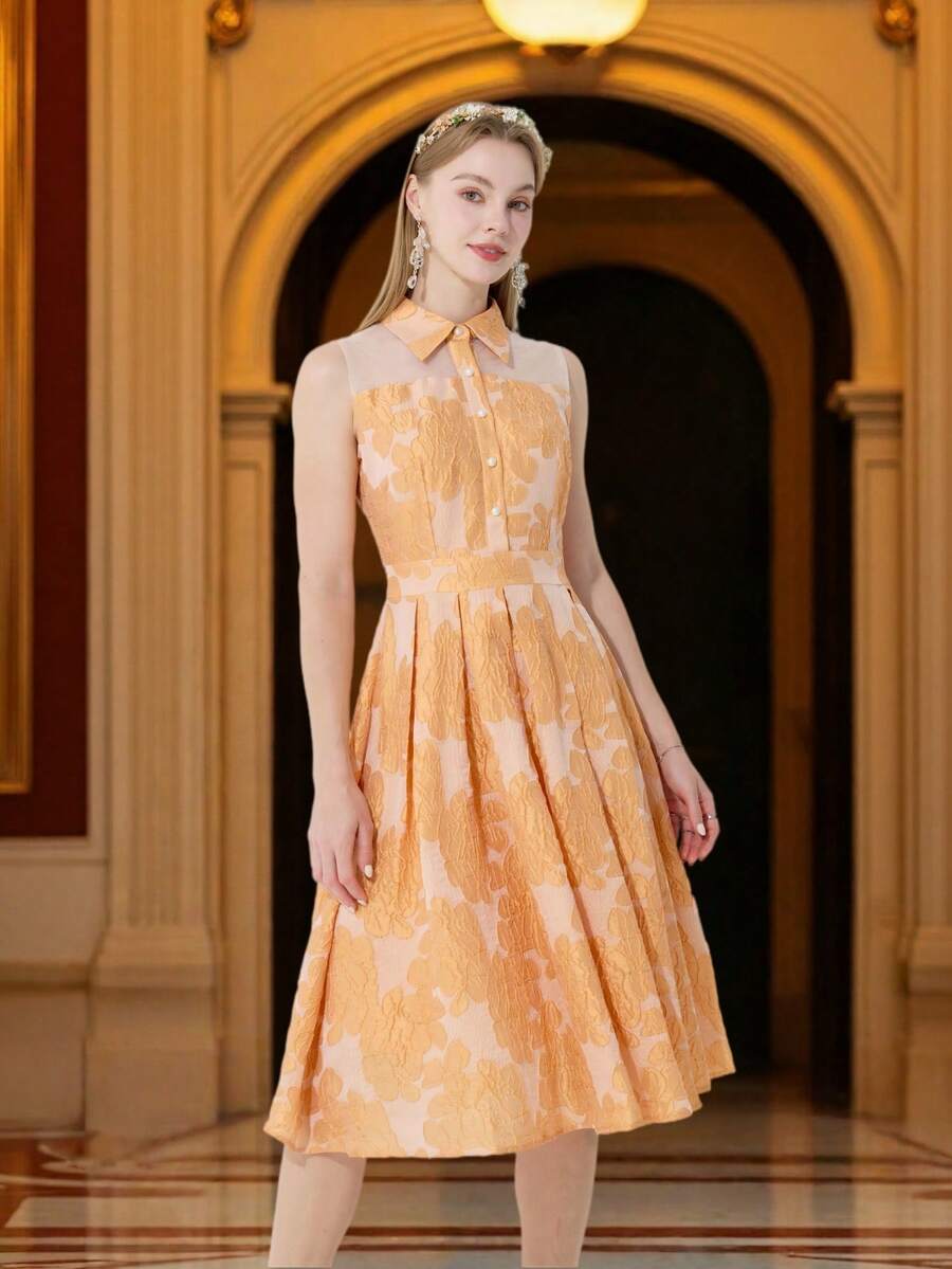 DEVCHATA Đầm midi không tay cổ sơ mi dệt jacquard thanh lịch, kiểu dáng cổ điển với phần chân váy xòe rộng, thích hợp cho các buổi tiệc, dạ hội và các dịp khác.