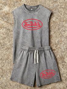 Brand Vonn Dutch Pure Cotton Washed Vest And Shorts Set Vonn Dutch Print Thick Comfortable High Quality Retro Distressed Style Perfect For Daily Outfits Outdoor Activities Fitness Travel Resistant To Dirt Easy To Clean Easy To Put On And Take Off Fashionable Versatile Ideal Gift For Relatives Friends And Yourself High End Texture - 灰色 - 查看 2