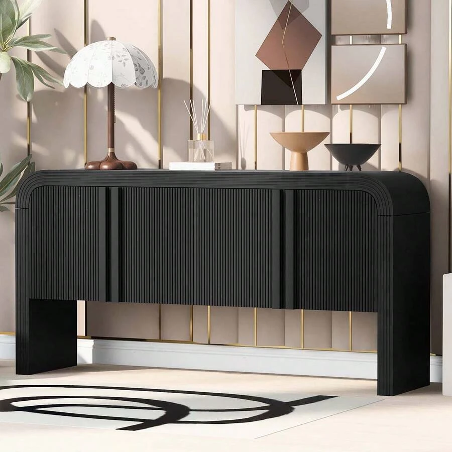 MERAX 62.2-Inch Wave-Pattern Console Table With 4 Doors And Adjustable Shelf,Curved Design Sofa Table Behind Couch,Rustic Narrow Entryway Table For Living Room, Foyer And Hallway, Black - Black - View 1