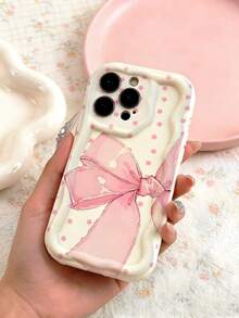 可爱粉色蝴蝶结花朵图案手机壳，奶油色波浪边防震壳，卡哇伊俏皮美学保护套，兼容和三星Galaxy手机 - 彩色 - 查看 5