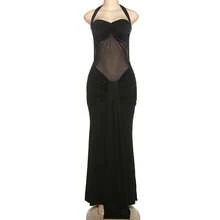 Women's Halter Neck Ruched Mesh Panel Maxi Dress, Elegant Evening Gown, Party Dress For Women, Dating Dress For Women, Summer Dresses For Women, Island Vacation Outfits, Birthday Dress For Women. - màu đen - Xem 4