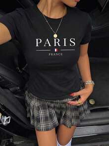 Áo thun nữ tay ngắn in họa tiết PARIS, cổ tròn, kiểu dáng thường ngày, đa năng. - màu đen - Xem 4