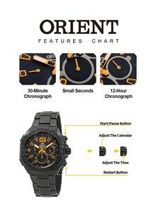 Orient 男士時尚運動腕錶，三針計時碼錶設計，極具魅力。搭載自動機械機芯，100米防水＋測速計功能。大直徑鋼帶外觀堅固強悍，結合計時碼錶與日期顯示功能。高品質男士腕錶，展現個性風格，適合運動場合與日常配戴，適合作為個人使用或禮品。型號：FTV00006B0 - 黑色 - 查看 6