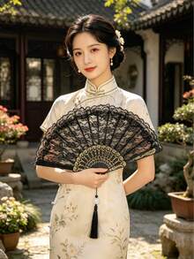 1pc Oriental Black Lace Folding Hand Fan With Tassels, Perfect Match For Hanfu And Cheongsam, Stage Performance, Photo Decoration, Hand Fan, Wedding Decoration, Adult Party Gift, Folding Fan, Witchcraft Supplies - Multicolor - View 2