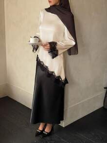 Luxury Satin Long Blouse In Apricot, Black Lace Trim Shirt, Suitable For Dates, Parties And Casual Home Wear - Apricot - View 7