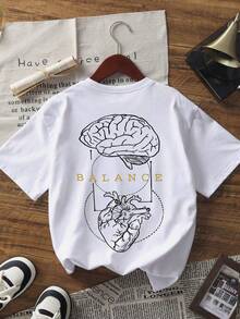 1 pieza Camiseta de manga corta de cuello redondo de verano con estampado en inglés "Anatomía del cerebro y el corazón" BALANCE, de estilo casual - Blanco - Ver 6
