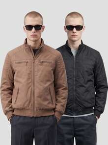 Men's Reversible High Neck Windbreaker Jacket, Lined Bomber Jacket With Zipper, Motorcycle Style - Rỉ Nâu - Xem 3