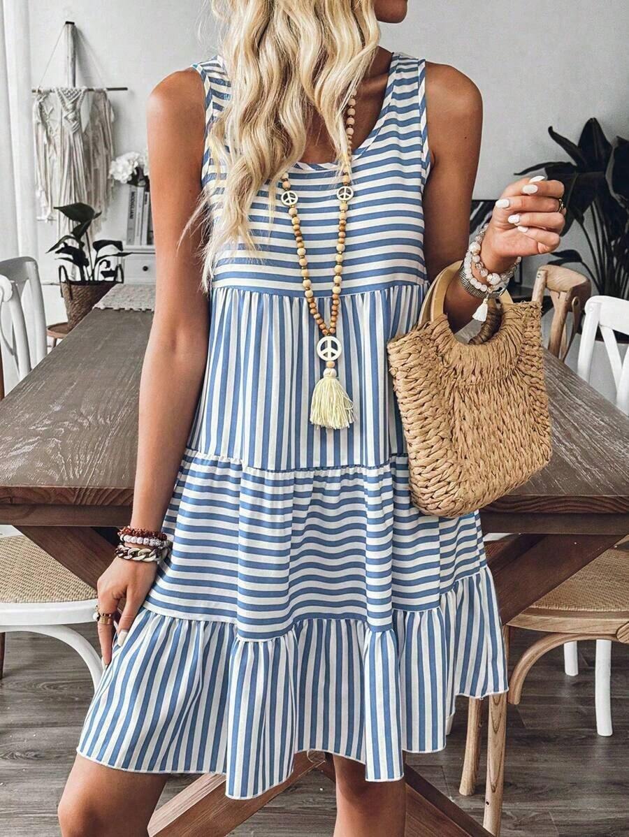 Vestido casual de mujer a rayas para vacaciones, de estilo minimalista y apropiado para el verano - Azul - Ver 1