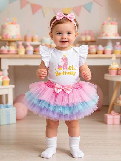 Bộ 3 món cho bé gái mừng sinh nhật 1 tuổi, gồm áo liền quần in chữ hoạt hình tay loe, chân váy nhiều màu sắc và phụ kiện tóc, phù hợp cho mọi mùa.