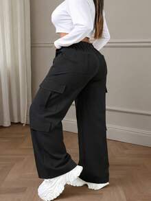 黑色纽扣口袋优雅休闲通勤简约可爱Y2K轻薄直筒宽松无弹力大码工装裤，适合教师节、毕业典礼、外出、度假、俱乐部、办公室、健身房、海滩、返校、生日派对、下午茶、旅行、乡村音乐节、机场等场合，春、夏、秋、冬皆宜。 - 黑色 - 查看 2