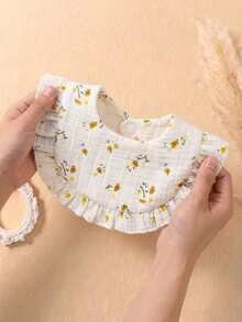 4件套碎花荷叶边婴儿围兜，新生儿按扣式口水巾，女婴喂食拍嗝巾套装 - 彩色 - 查看 4