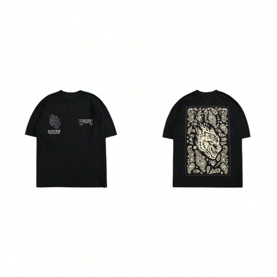 DARCSPORT Summer  Brand Pure Cotton Base Shirt, Loose Fit Cartoon Print Short Sleeve T-Shirt - T0719-2 黑色 - 查看 1