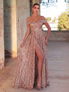 Faeriesty 露肩开衩亮片扣腰带连衣裙 - 香檳色 - 查看 4