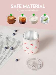 1pc 340ml/12oz Double Wall Stainless Steel Vacuum Insulated Egg-Shaped Cup, Suitable For Home, Office, Outdoor Travel, Sports, Also As A Gift - White Cherry - View 5