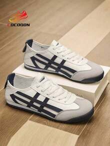 男女通用复古多色仿皮跑步鞋，舒适休闲系带步行鞋，四季皆宜，经典透气运动鞋，修身版型，建议选购大半码以获得宽松舒适的穿着体验。 - 米深藍 - 查看 14