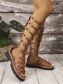 1 Pair Solid Color Punk Faux Leather Zipper Round Ring Rivet Gladiator Sandals For Women, Holiday & Summer - Brown 1 - View 5