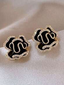 1pair Luxury Floral Earrings With Rhinestones, Unique Design - vàng đen - Xem 1