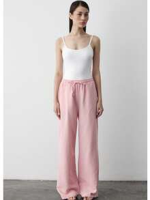 Women Linen Blend High Waist Drawstring Wide Leg Pants With Back Pockets Summer Casual Loose Trousers - Pink - View 2