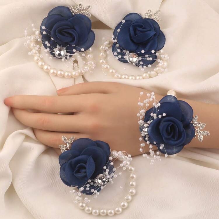 wrist corsage navy blue dress Bulk Navy Dahlia Wrist Corsage with Blue Berry Wholesale  Artificialmerch