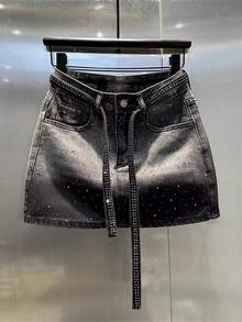 Retro Gradient Denim Half-Length Skirt For Women In Summer, High Waist, Slimming And -Shaped, A-Line Short Skirt, - 灰色 - 查看 3