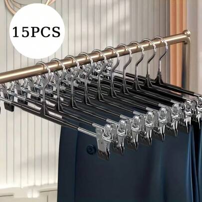 15-Piece Set Of Premium Metal Trouser Hangers With Two Removable Clips; Space-Saving Windproof Hangers