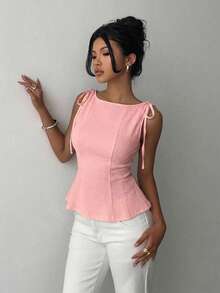 1 pieza Blusa con volante en el bajo de tela de punto de unicolor, uso casual de verano en color negro - Rosa 2 - Ver 3