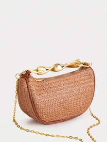 时尚假日风草编包，卡其色女士手提包，单提手设计，配金属配件，女士斜挎包，带长金属链——非常适合海滩度假和海滩活动 - 卡其色 - 查看 5