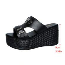 Sandalias de cuña con plataforma de verano para mujer, con decoración de rhinestones, diseño de correa con hebilla, ligeras y cómodas para primavera/verano, playa y vacaciones - Negro - Ver 9