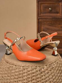 7CM Orange Square Toe Sandals, French Chic Style Asymmetric Heel Elegant Commuter Shoes, Niche Backless Shoes - Burnt Orange - View 5