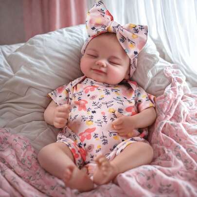 17in Reborn Baby Doll Girl With Magnetic Pacifier, Full Vinyl Body, Floral Outfit & Bow Headband, Lifelike Sleeping Baby Doll For Kids 3+