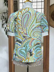 Women's Vintage Casual Floral Patchwork Striped Collar Half-Placket Shirt, Spring/Summer, Tropical Print Design, Hawaiian Style, Boho Chic Look, Y2K Revival, Coastal Grandma Fashion, Lightweight Breathable Fabric, Vacation Wear, Beach Party Outfit, Streetwear - Blue - View 6