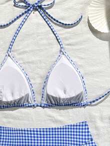 Bộ bikini hai mảnh thời trang mùa hè dành cho nữ, họa tiết kẻ caro xanh trắng dễ thương, kiểu áo yếm có mặt dây chuyền kim loại và quần bơi cạp cao xếp ly, thích hợp cho kỳ nghỉ, bơi lội, đi biển, du thuyền và các dịp khác. - Màu xanh lam - Xem 4