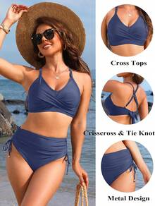 Women's High Waisted Bikini Sets, Crisscross Tie Back Drawstring Tummy Control Two Piece Swimsuits Bathing Suit - 霧霾藍 - 查看 4