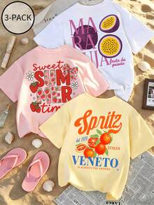 3pcs Summer New Fashionable Versatile Casual Minimalist Fruit Pattern Print Round Neck Short Sleeve T-Shirts For Women - Multicolor - View 2