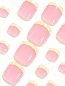 24pcs Square Short Nail Stickers, Fashionable Cream Yellow Striped White Polka Dot, Minimalist Cute, Suitable For Spring & Summer. Pale Yellow White Polka Dot, Nude Pink Full Coverage Fake Toenail Set, Includes 1 Adhesive Sheet And 1 Mini File, Random Delivery - Yellow - View 3