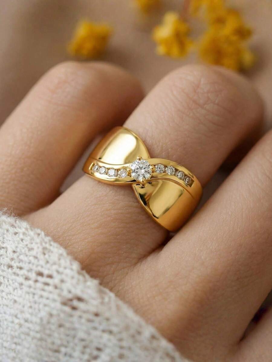 1pc Fashion Cubic Zirconia Decorated Copper Wide Band Ring, Suitable For Women's Daily, Wedding, Engagement, Party Jewelry, Valentine's Day Gift - Gold - View 1