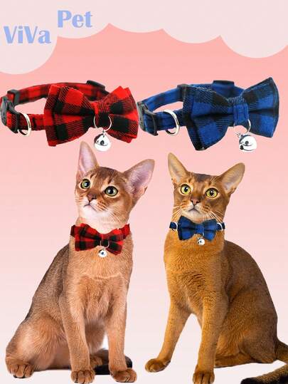 Classic Pet Collar With Bow Tie Bell, Red And Black Plaid Design Suitable For Cats And Small Dogs, Safety Buckle Anti-Choking And Escape, Adjustable Bell, Multiple Colors Available, Suitable For Outdoor Travel, Pet Gift, Mother's Day, Party