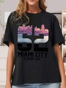 Plus Size Miami City Skyline Pattern T-Shirt,Unisex/Women,CasualSummerBeachVacation,Vacation OutfitsConcert OutfitPlus Size - 黑色 - 查看 1