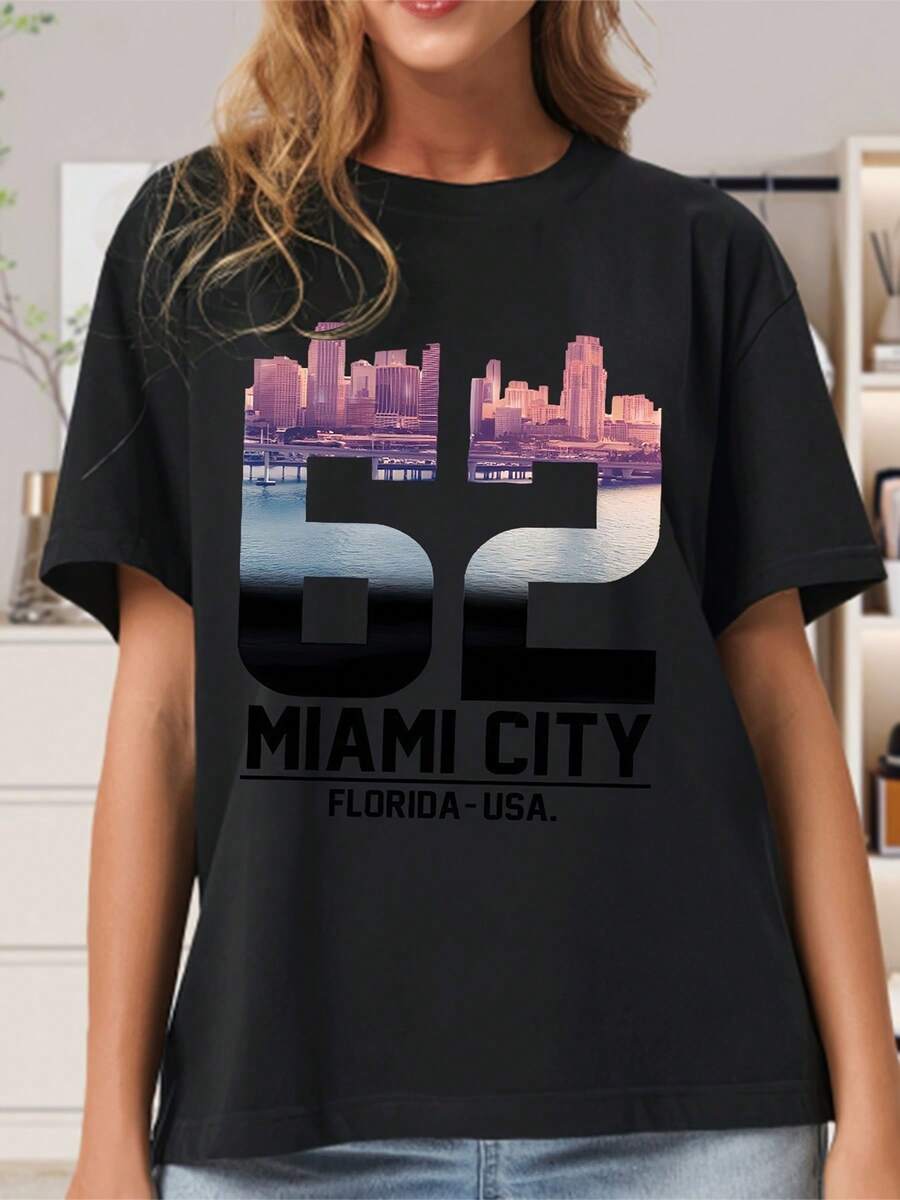 Plus Size Miami City Skyline Pattern T-Shirt,Unisex/Women,CasualSummerBeachVacation,Vacation OutfitsConcert OutfitPlus Size - 黑色 - 查看 1